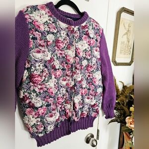 Vintage Quilted Floral Purple Knit Cardigan Sweater Womens Light Jacket